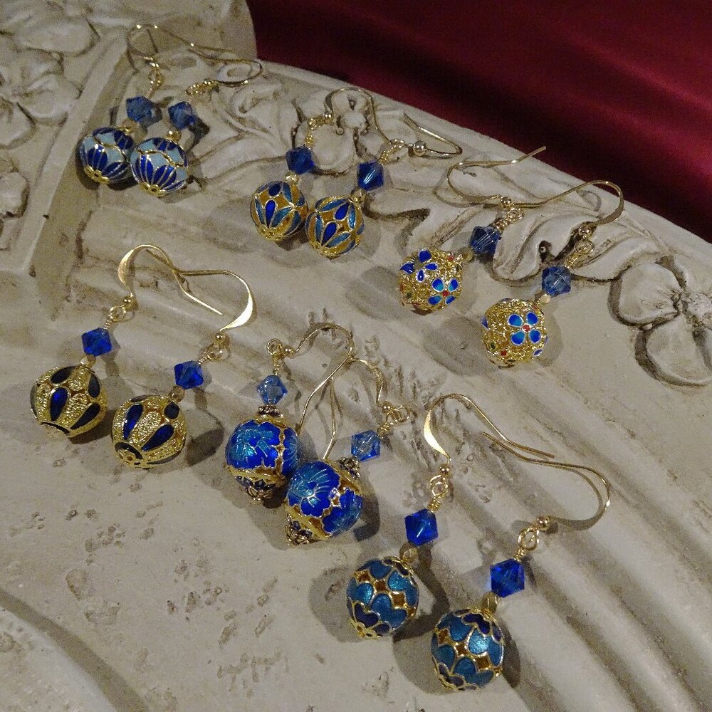 Cloisonne earrings in six blue variations of artful design